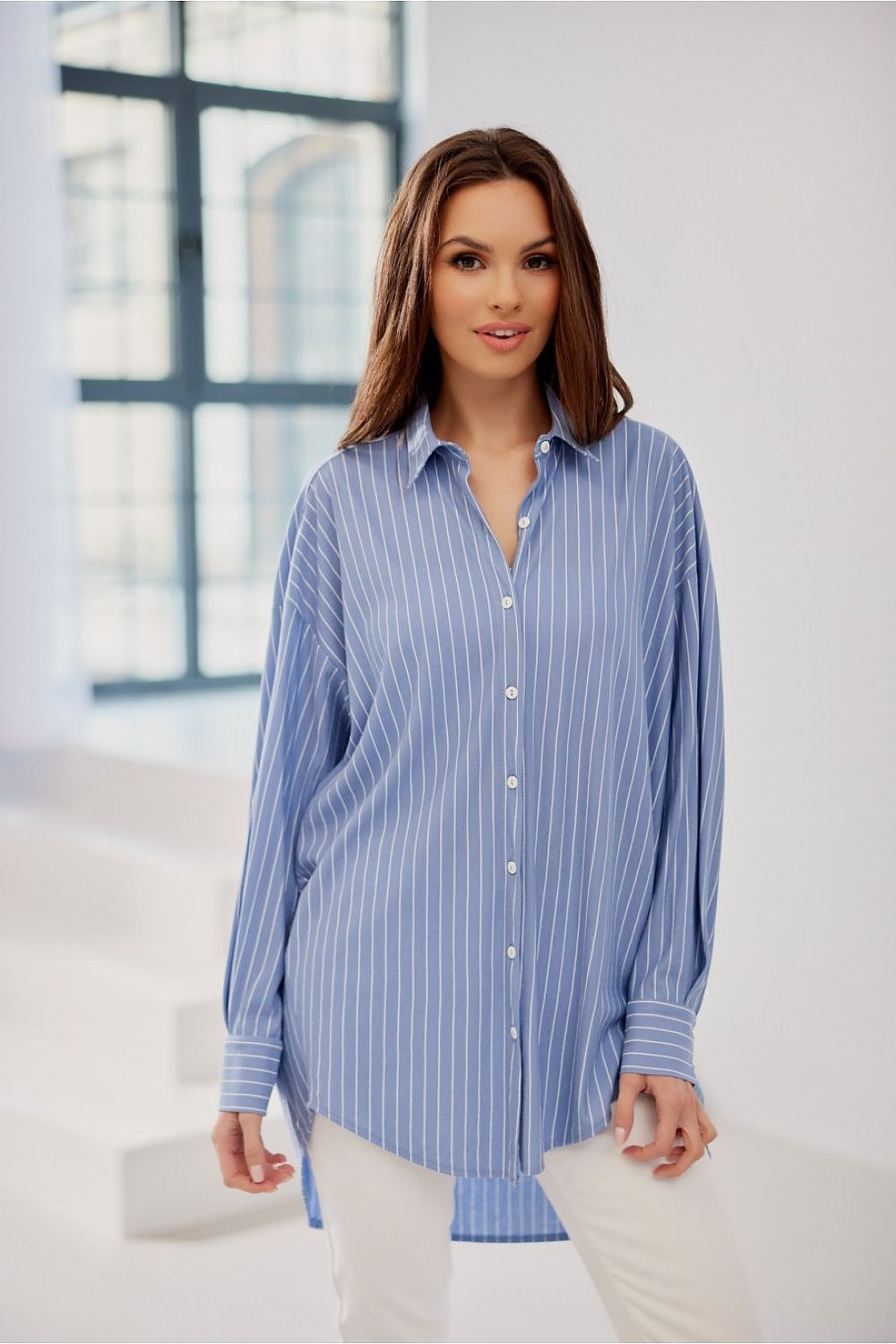 Spring And Summer Oxford Blue Striped Long Sleeve Shirt Loose Cut
