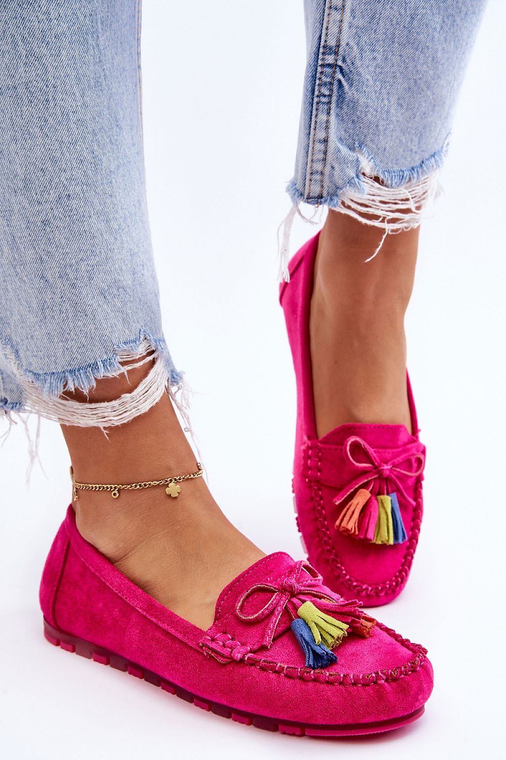 Suede Loafers With Bow And Fringes Fuchsia Dorine Natural Leather