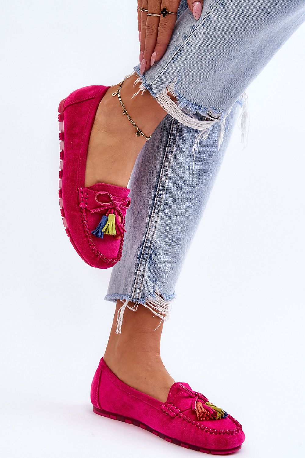 Suede Loafers With Bow And Fringes Fuchsia Dorine Natural Leather