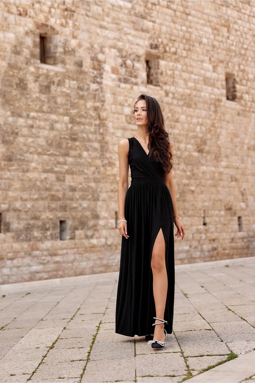 Brocade Black Long Maxi Dress With A Tie Sleeveless Evening Dresses