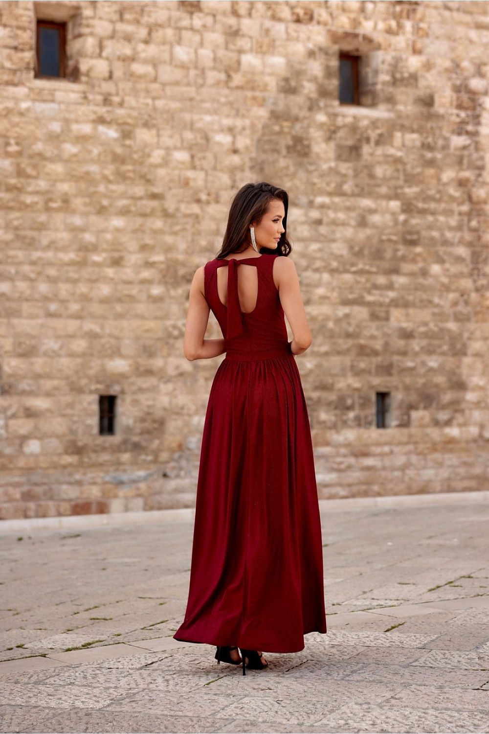 Brocade Long Maxi Dress With A Tie Red Sleeveless Evening Dresses