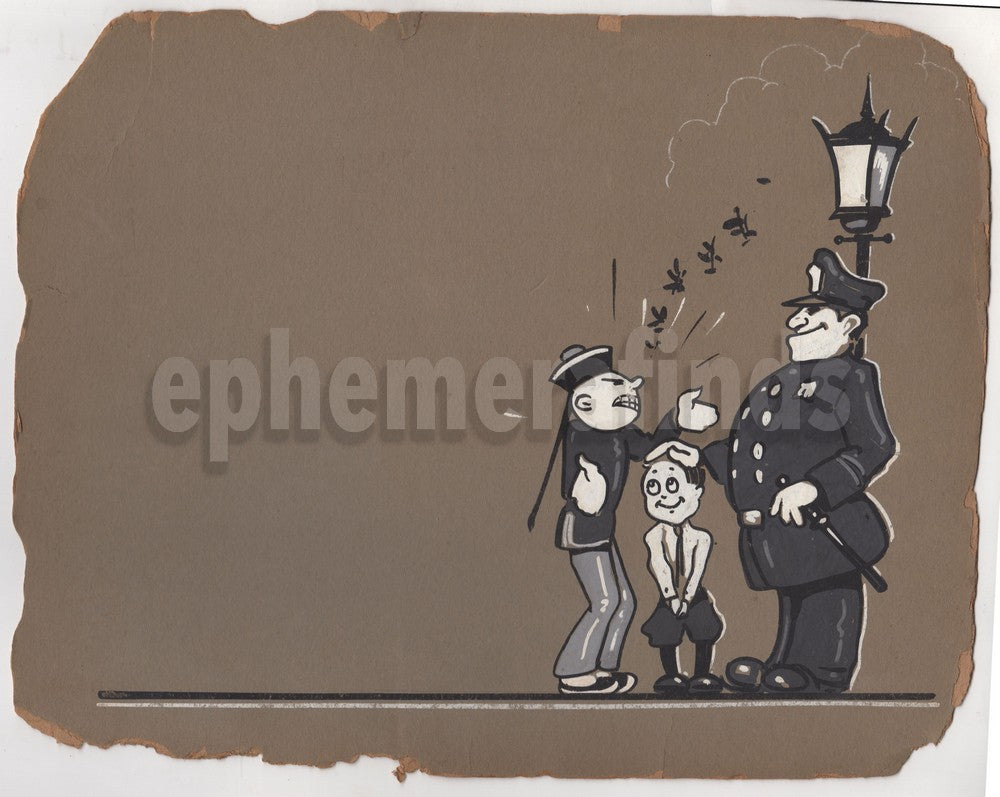 Police and Naughty Boy Original 1930s Cartoon Antique Illustration Art Painting