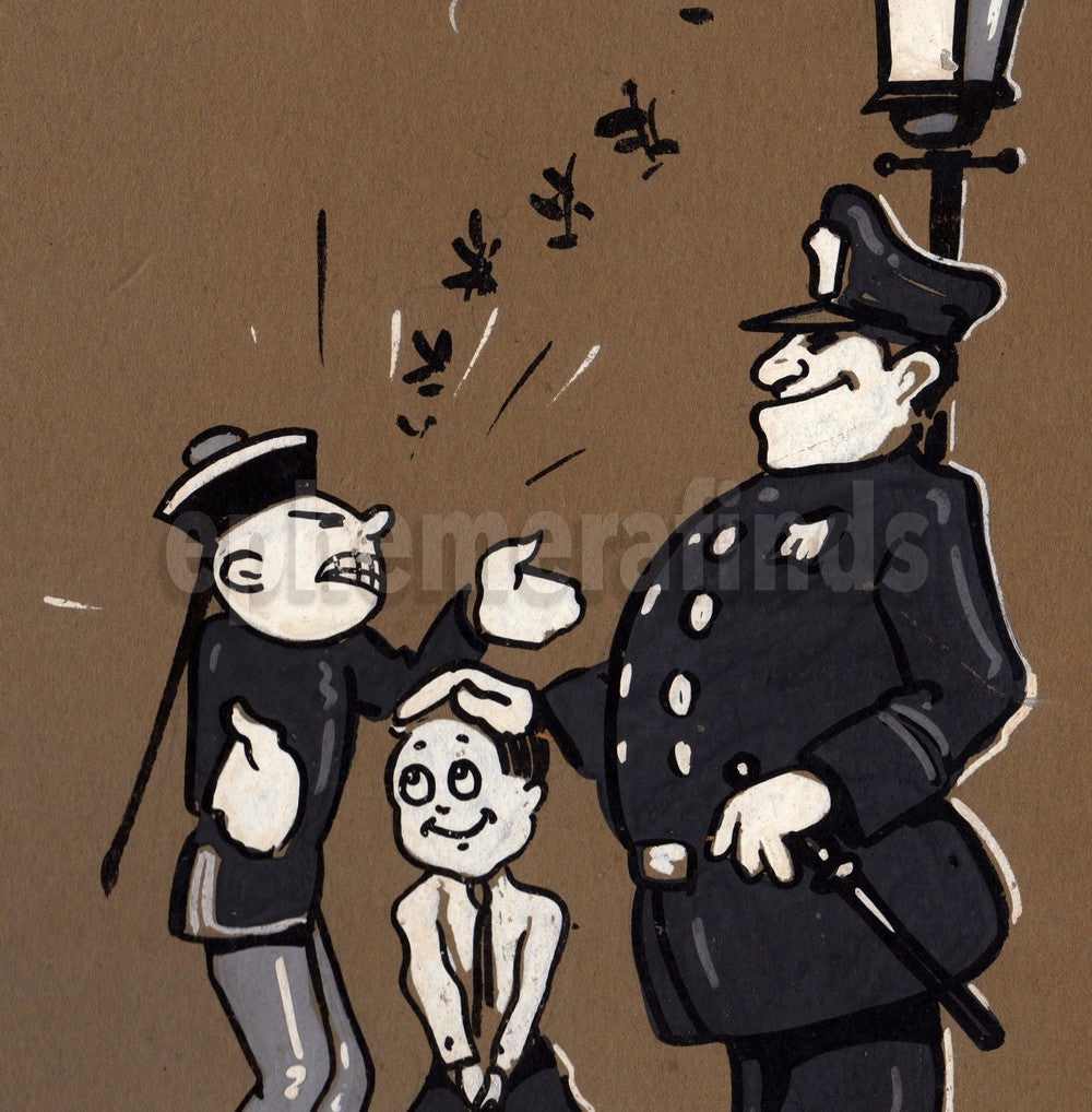 Police and Naughty Boy Original 1930s Cartoon Antique Illustration Art Painting