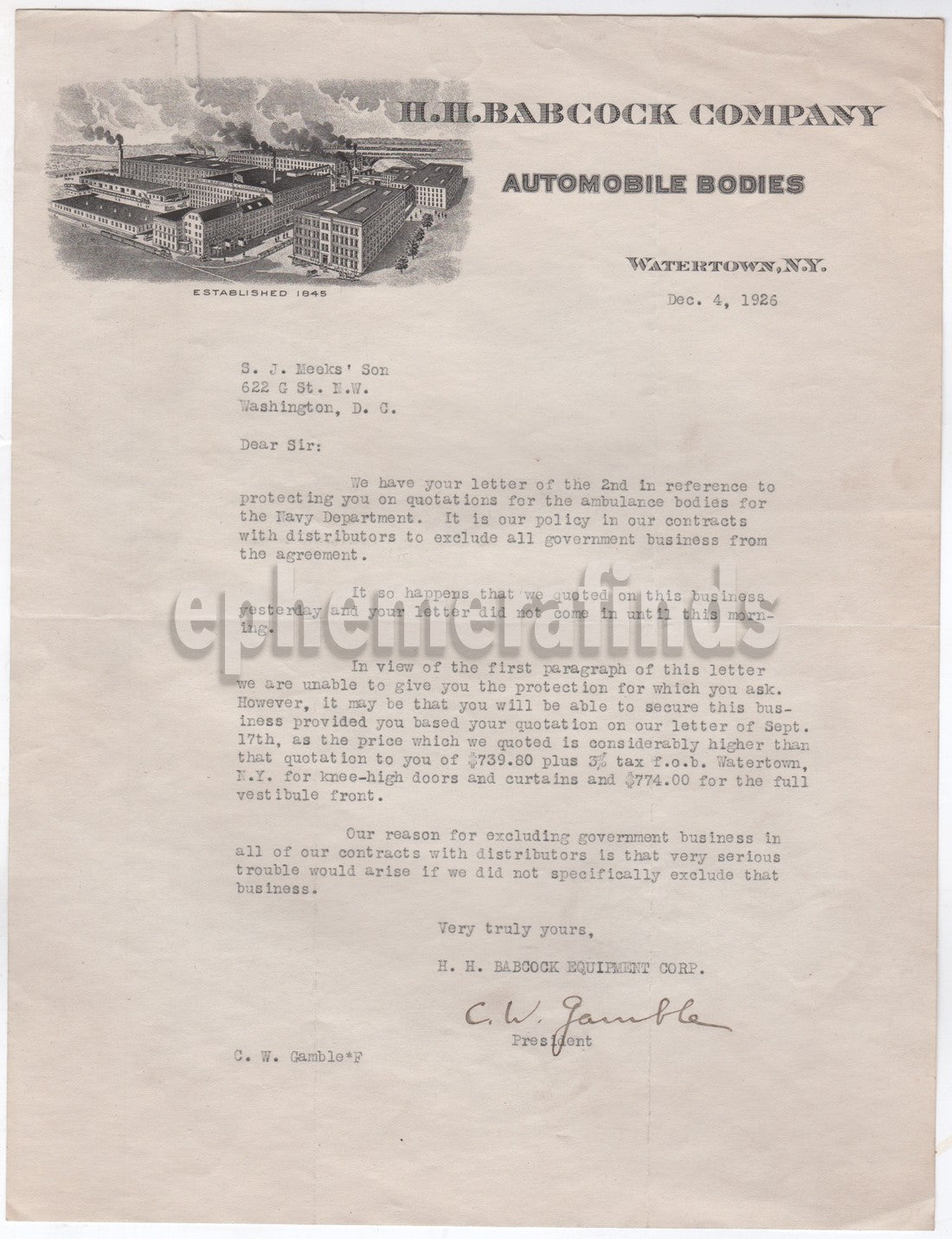 H.H. Babcock Automobiles Antique Auto Industry Govt Contracts Letter 1926