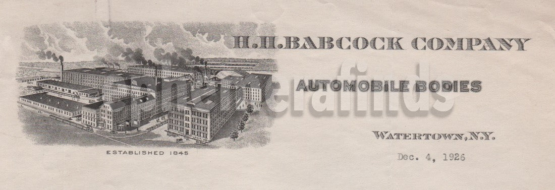 H.H. Babcock Automobiles Antique Auto Industry Govt Contracts Letter 1926
