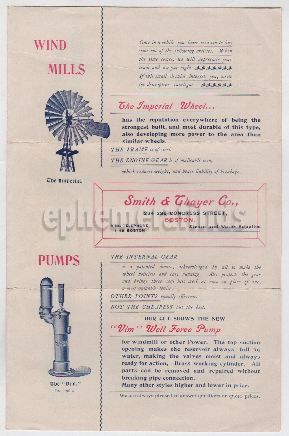Smith Thayer Boston Steam Engines Water Pumps Antique Advertising Flyer