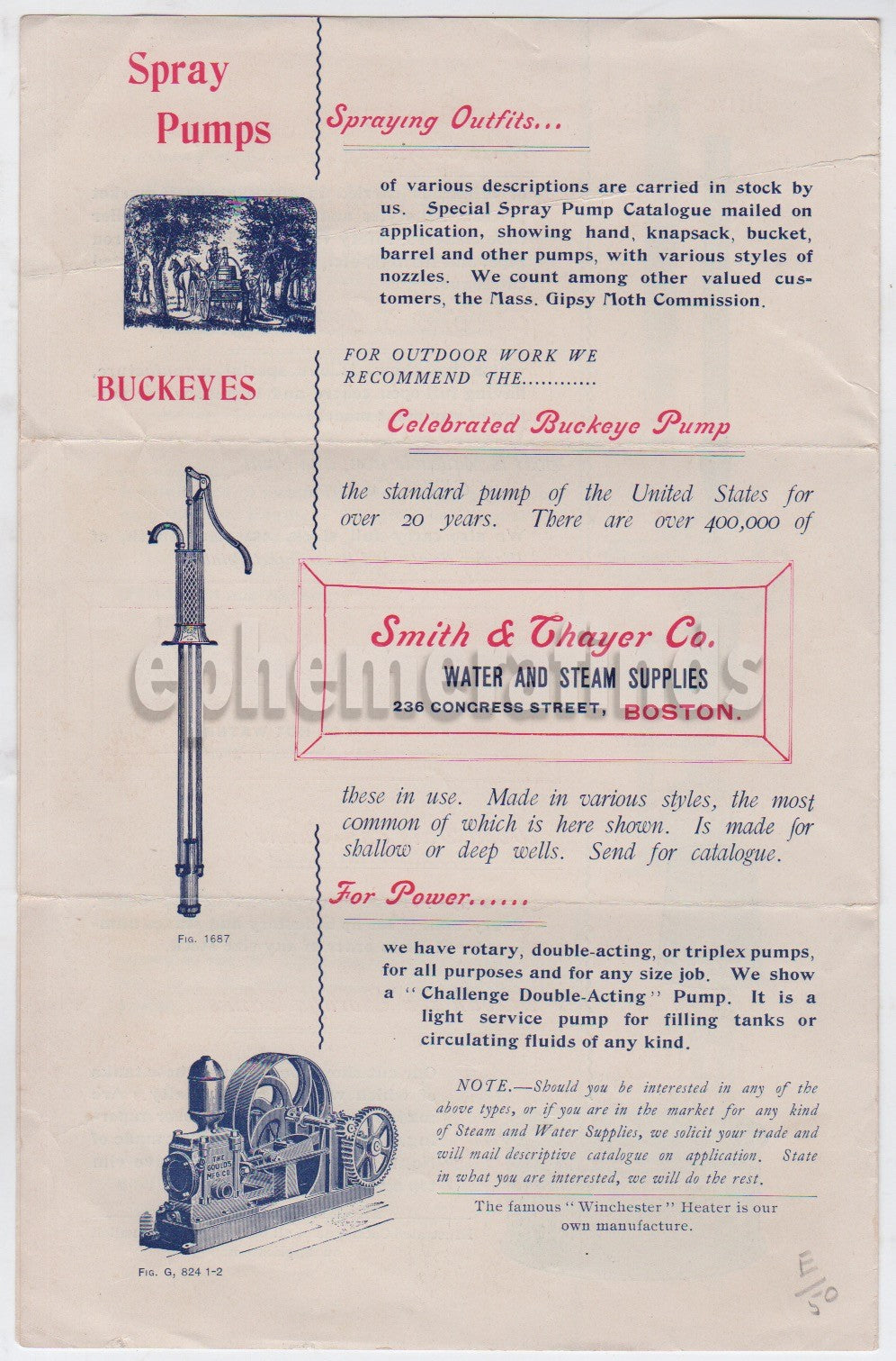 Smith Thayer Boston Steam Engines Water Pumps Antique Advertising Flyer