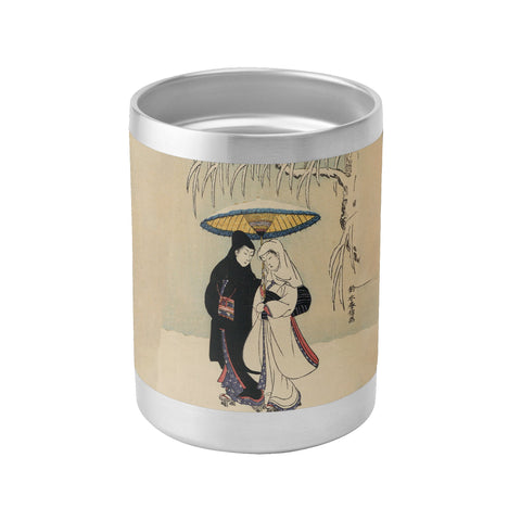 カスタムプリント 10 オンス ステンレススチール コーヒーカップ 蓋付き Pr262: 浮世絵 鈴木春信の雪中傘の下の夫婦 ウイスキータンブラー