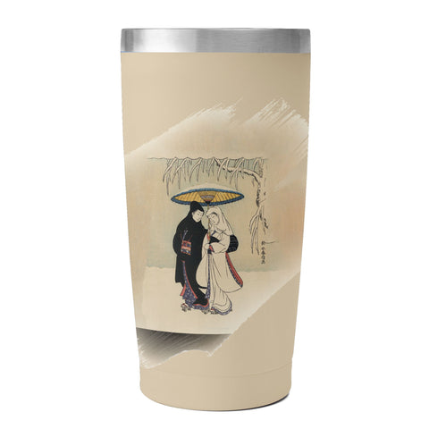 Tasse de voyage en acier inoxydable personnalisée de 20 oz avec couvercle PR259 Ukiyo-e Suzuki Harunobu's Couple sous un parapluie dans la neige Gobelet à café isotherme sous vide