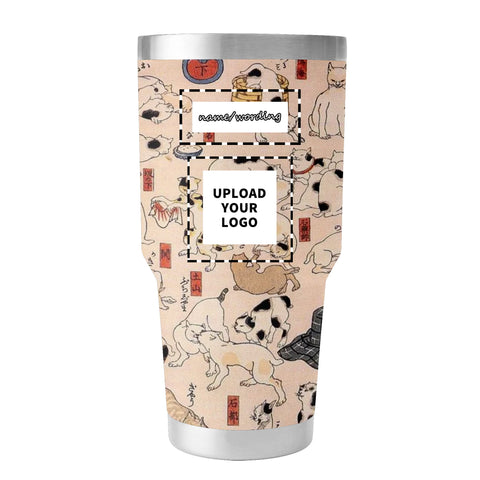 カスタムプリント浮世絵歌川国芳 東海道五十三次の猫 断熱30オンス 蓋付きステンレススチール製車用タンブラー Pr263 カスタムロゴ ブランド名
