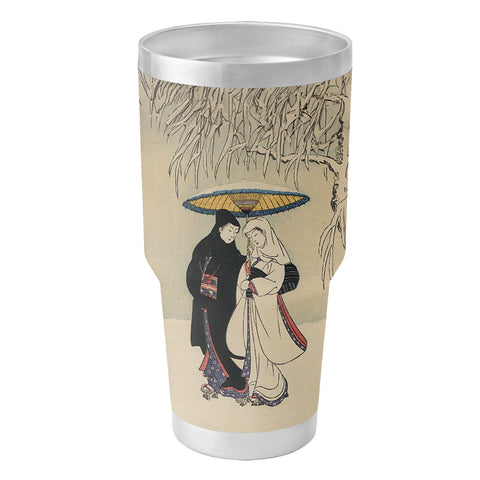 Gobelet isotherme en acier inoxydable avec couvercle, imprimé personnalisé Ukiyo-e, couple Suzuki Harunobu sous un parapluie dans la neige, 30 oz, Pr263