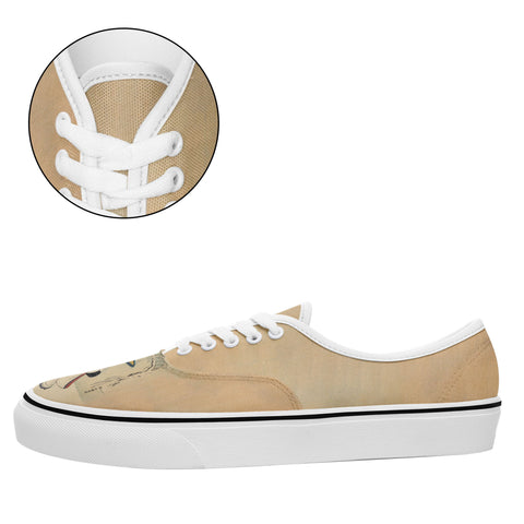 レトロアートスタイルの浮世絵「鈴木春信の雪の中の傘の下のカップル」スニーカー ホワイトソール 6 でカスタマイズできるプリントカジュアルシューズ 7213