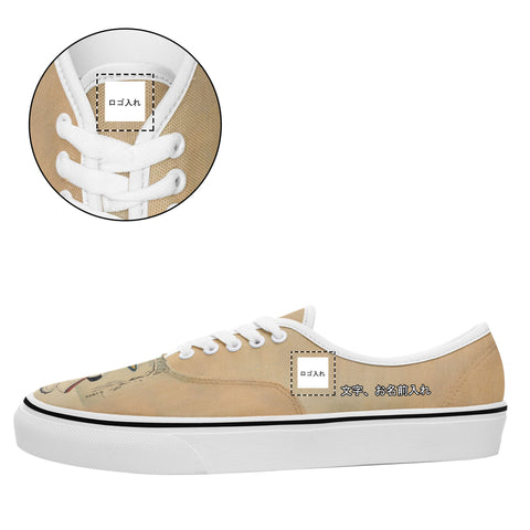 レトロアートスタイルの浮世絵鈴木春信の雪の中の傘の下のカップルのスニーカー、白いソール、カスタムロゴ、ブランド名でカスタマイズプリントされたカジュアルシューズ7213