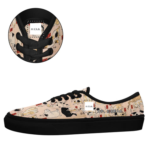 レトロアート浮世絵歌川国芳の猫が東海道五十三次のスニーカーとして提案されたプリントカジュアルシューズ7213をカスタマイズブラックソールカスタムロゴブランド名