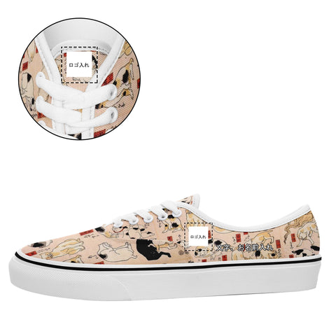 レトロアート浮世絵歌川国芳の猫が東海道五十三次のスニーカーとして提案されたプリントカジュアルシューズ7213をカスタマイズホワイトソールカスタムロゴブランド名