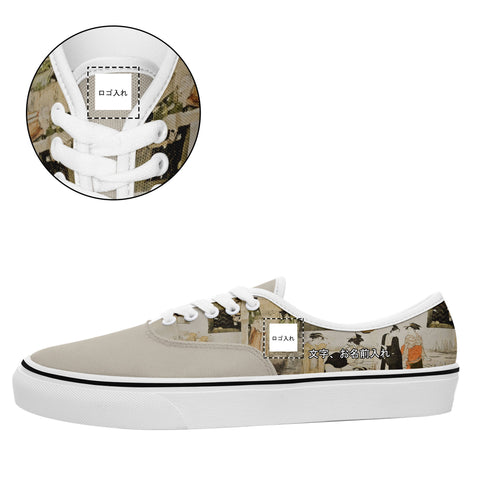 レトロアート浮世絵縁結び鳥居清長社長によるスニーカーホワイトソールカスタムロゴブランド名付きカジュアルシューズ7213をカスタマイズ