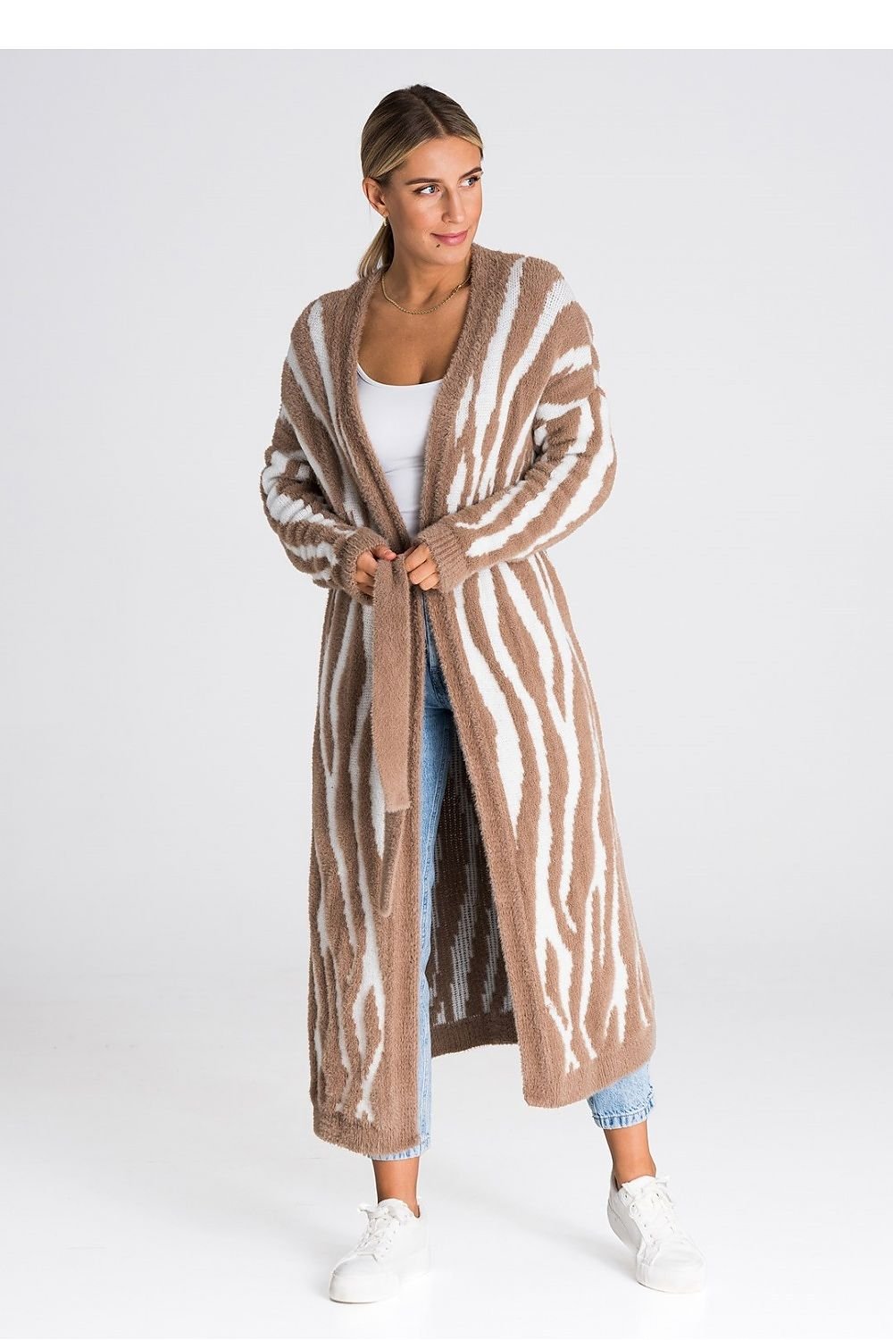 Zebra Print Long Cardigan in Brown and White