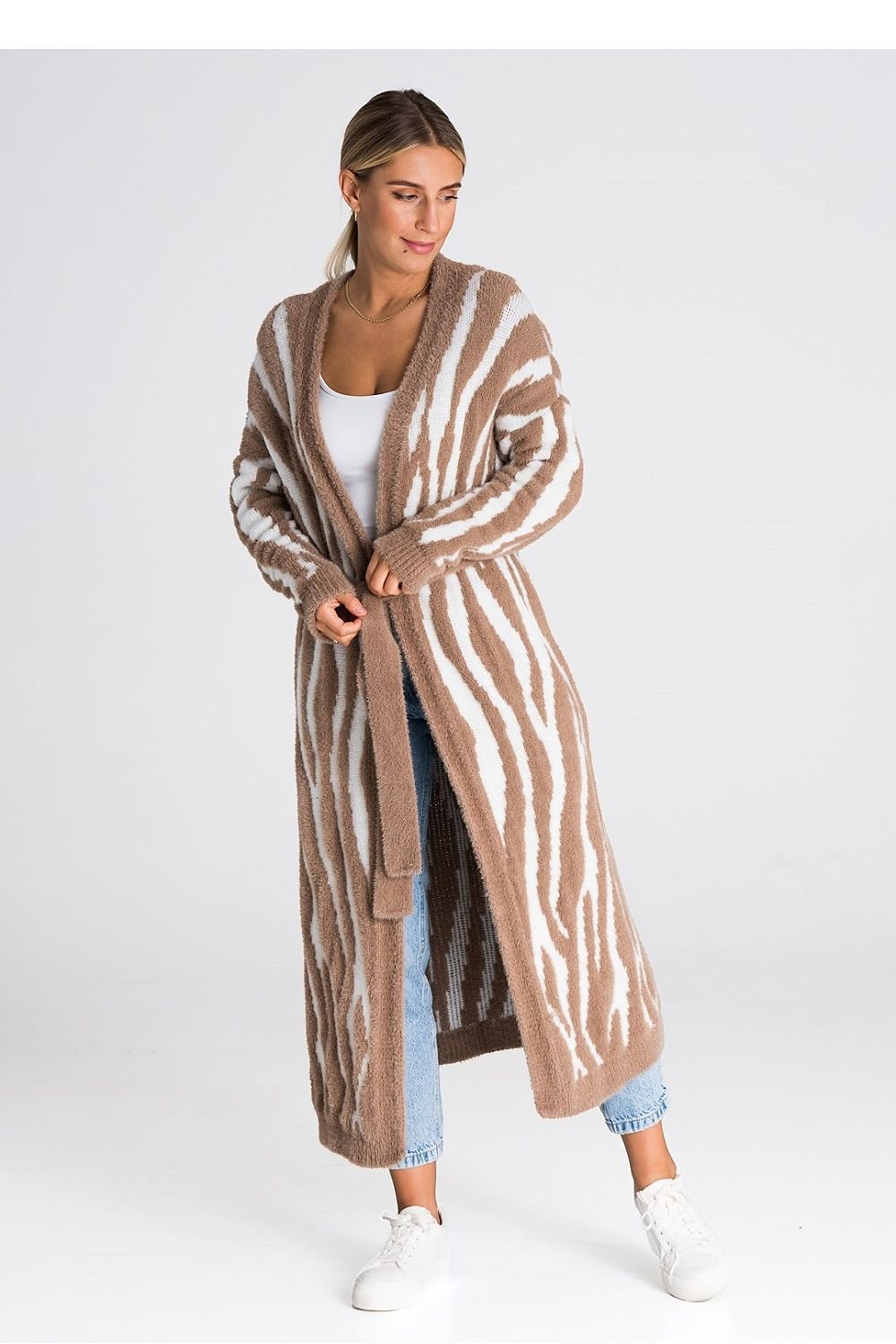 Zebra Print Long Cardigan in Brown and White