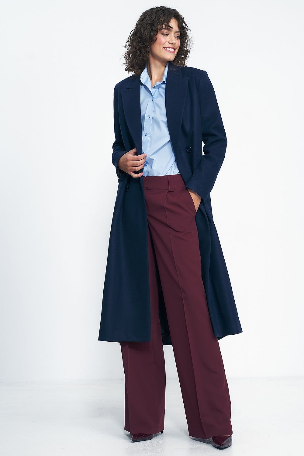 Sona Double Breasted Long Coat in Navy Blue