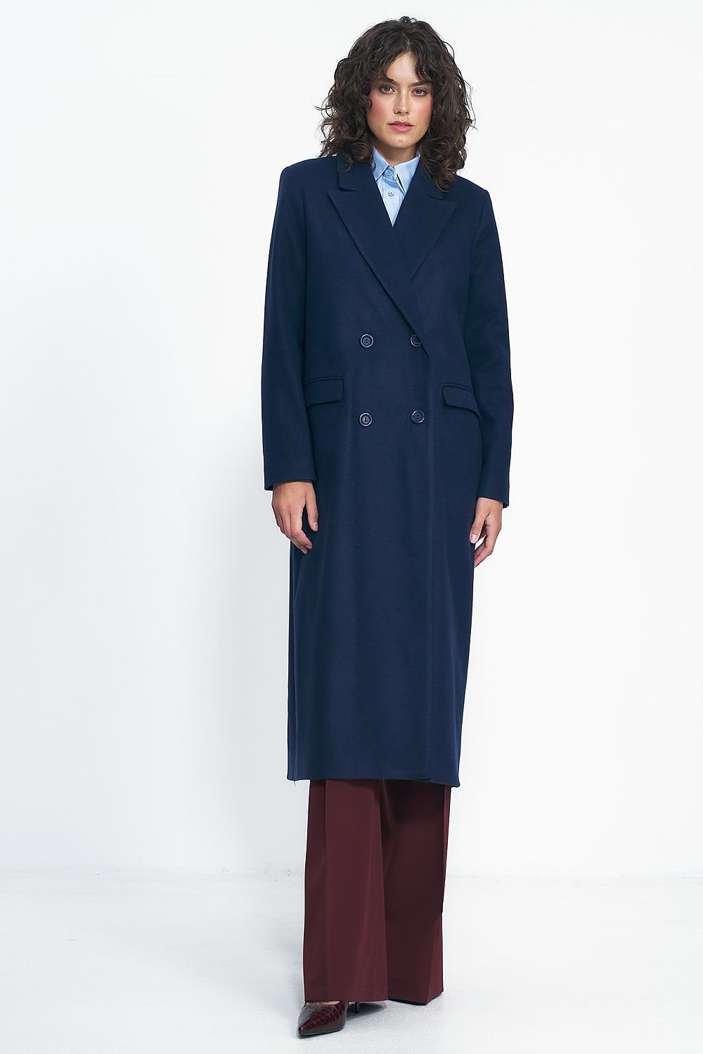 Sona Double Breasted Long Coat in Navy Blue