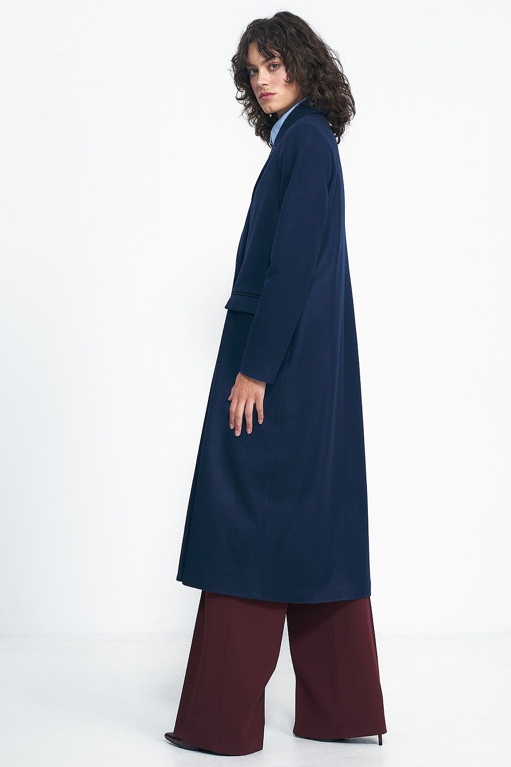 Sona Double Breasted Long Coat in Navy Blue