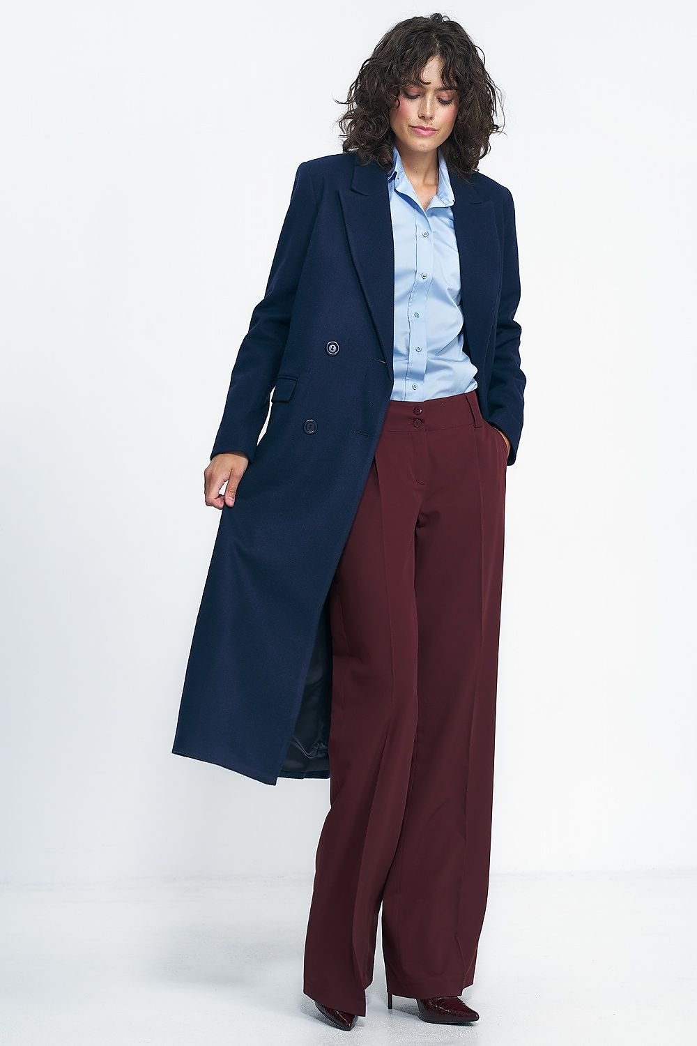 Sona Double Breasted Long Coat in Navy Blue