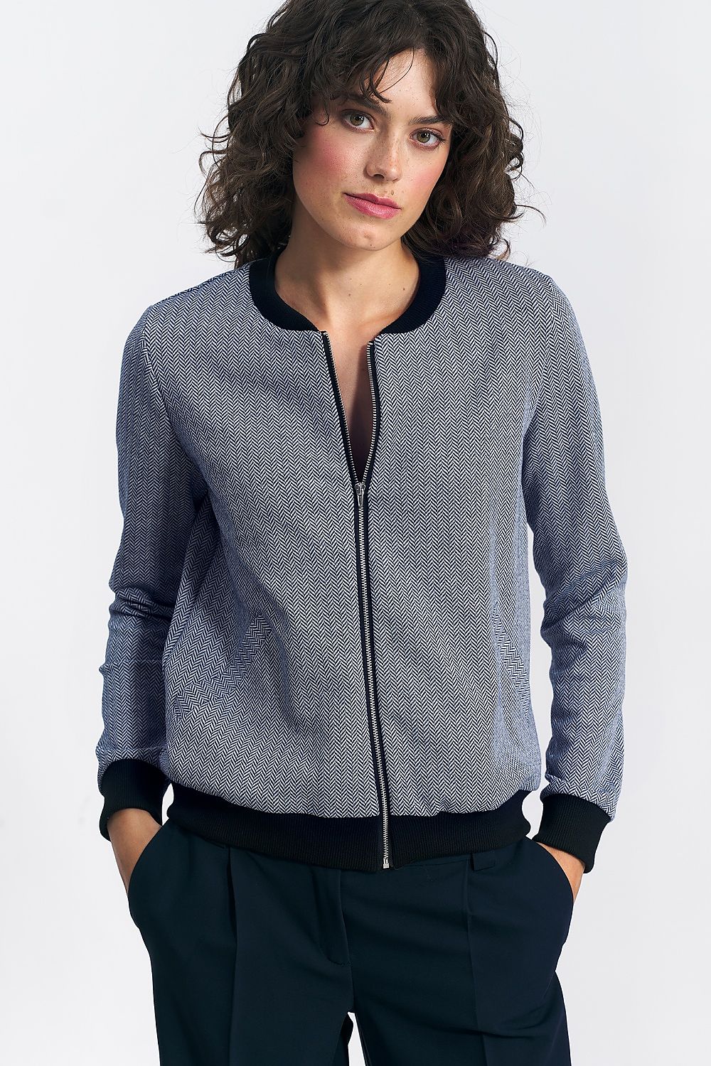 Herringbone Bomber Jacket in Navy Blue