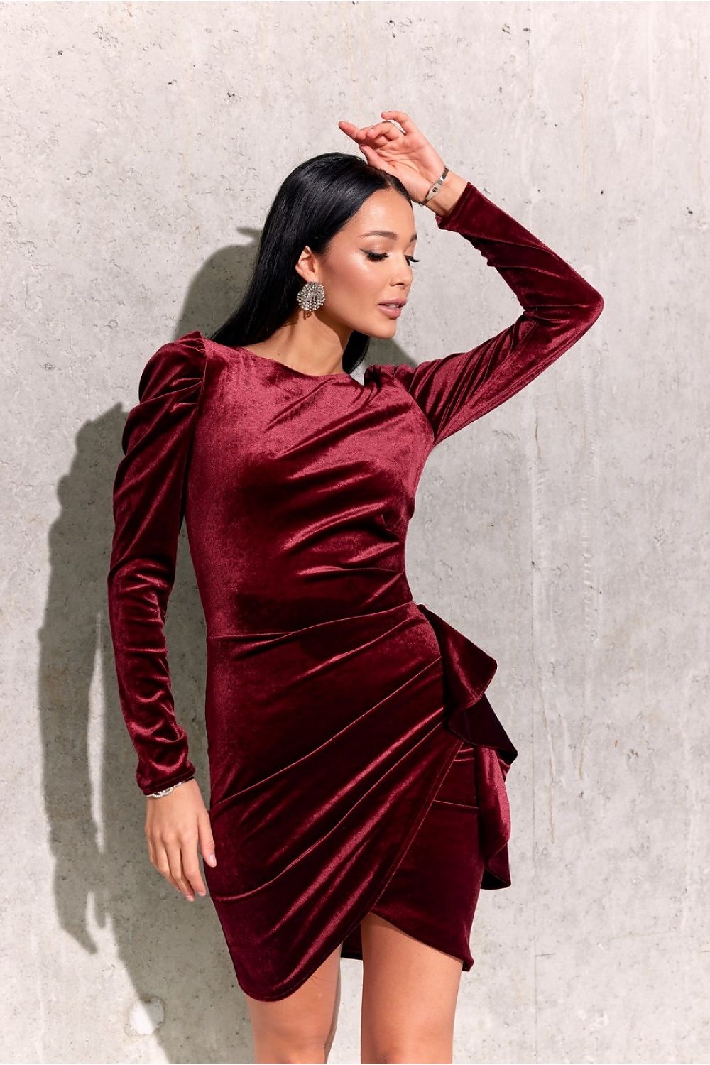 Fiona Velour Mini Wrap Party Dress in Wine Red