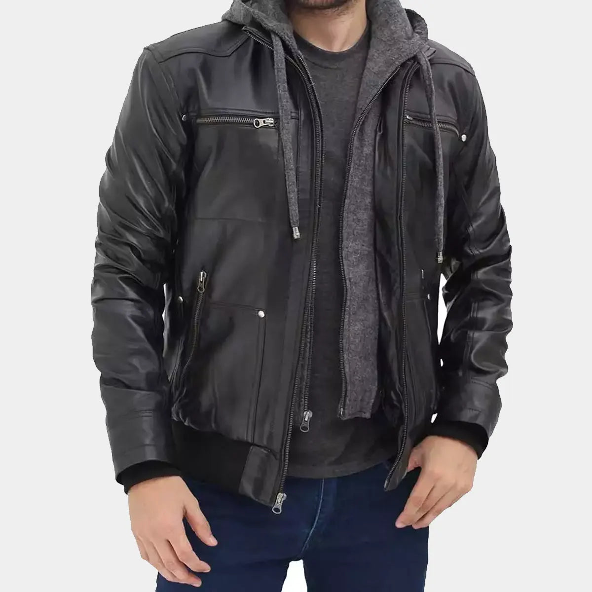 Mens Black Leather Jacket With Grey Hoodie