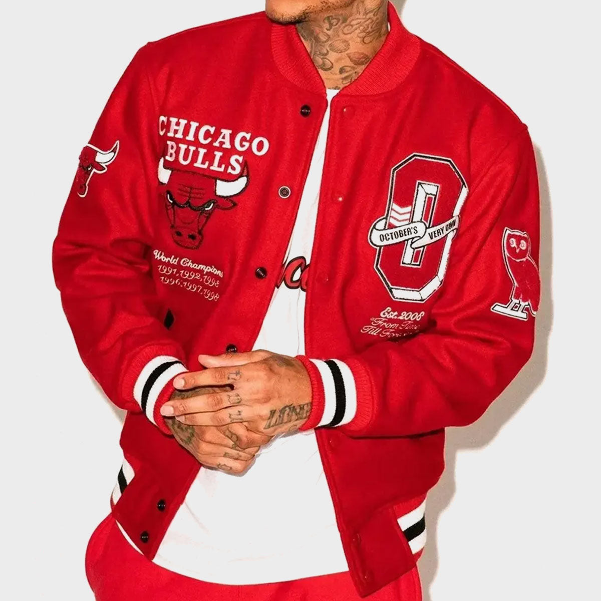 OVO x NBA Chicago Bulls Varsity Red Wool Jacket