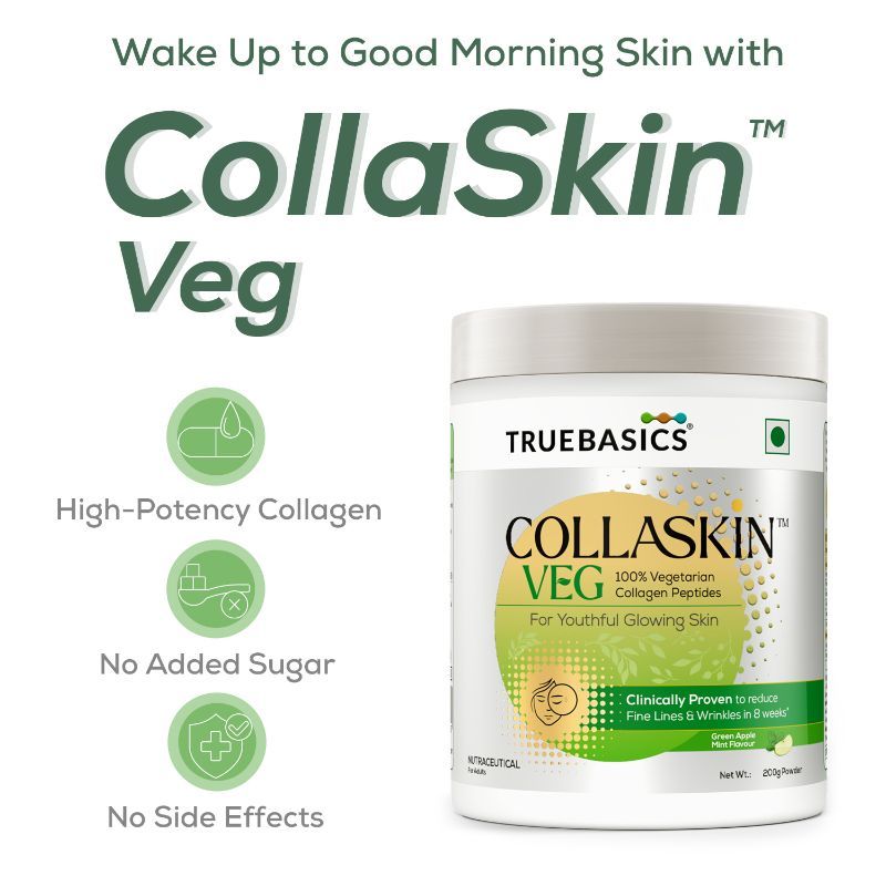 TrueBasics Collaskin Green Apple Mint Flavour Vegetarian Collagen Peptide - 200 gms