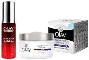 Olay Regenerist Collagen Peptide 24 Face Serum - 30 ml Clear & Olay Night Cream Natural Aura Nourishing Repair Cream - 50 gms