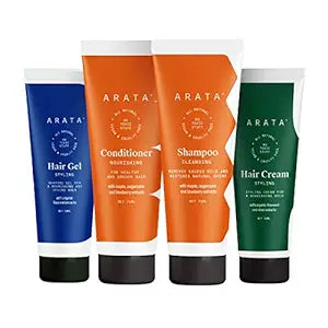 Arata Natural Oil Control Hair Care Essentials For Women & Men With Oil Control Cleansing Shampoo(75 ML), Conditioner(75 ML), Hair Gel(50 ML) & Hair Cream(50 ML) | All-Natural, Vegan & Cruelty-Free |