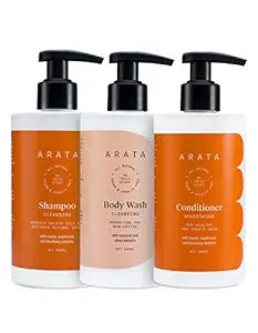 Arata Natural Oil Control Shower Power Set For Women & Men With Oil Control Cleansing Shampoo (300 ML), Body Wash (300 ML) & Hair Conditioner (300 ML) | All-Natural, Vegan & Cruelty-Free | Plant-Based - Combo, Non-Toxic Bath