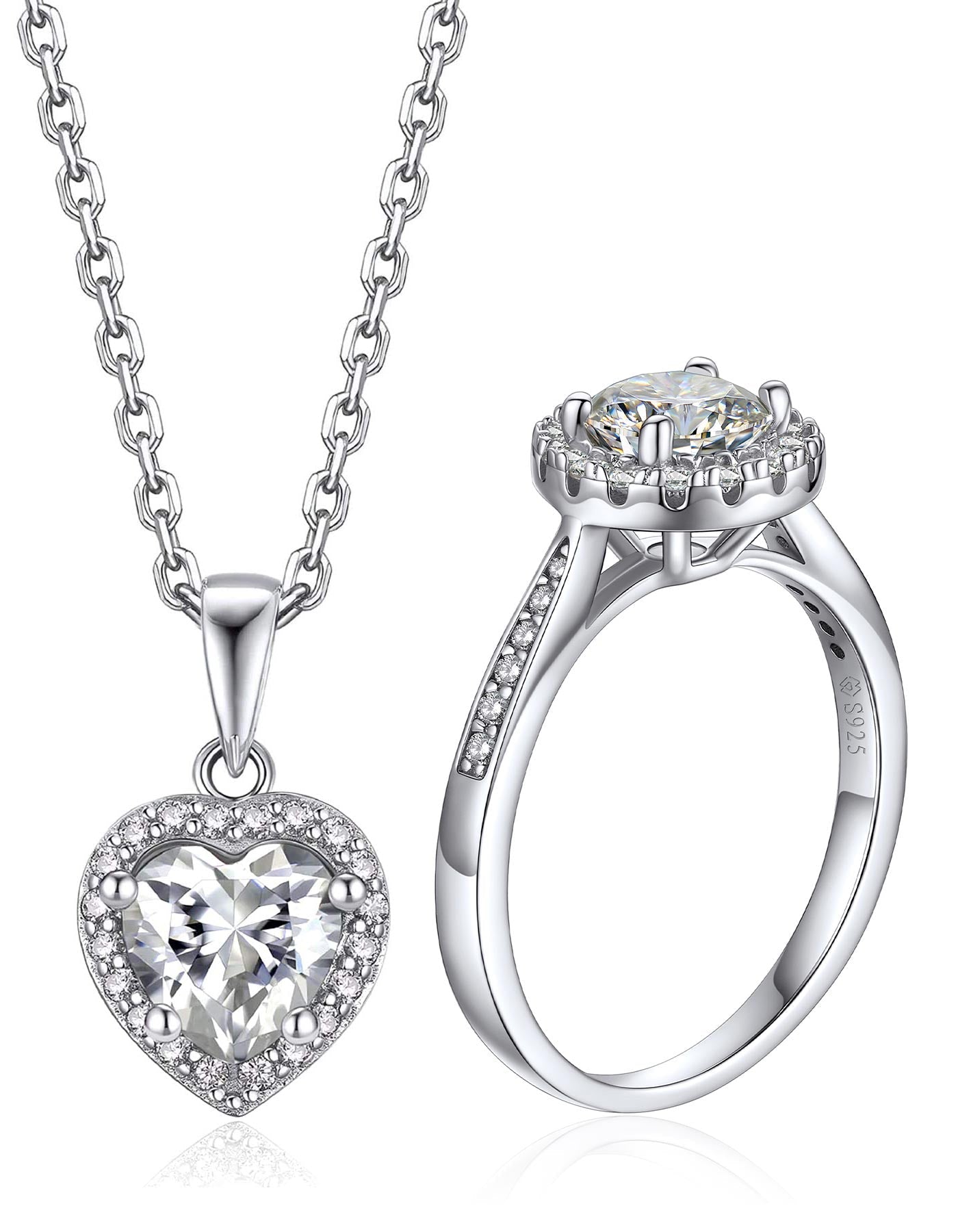 MomentWish Moissanite Heart Necklace and Halo Ring Set