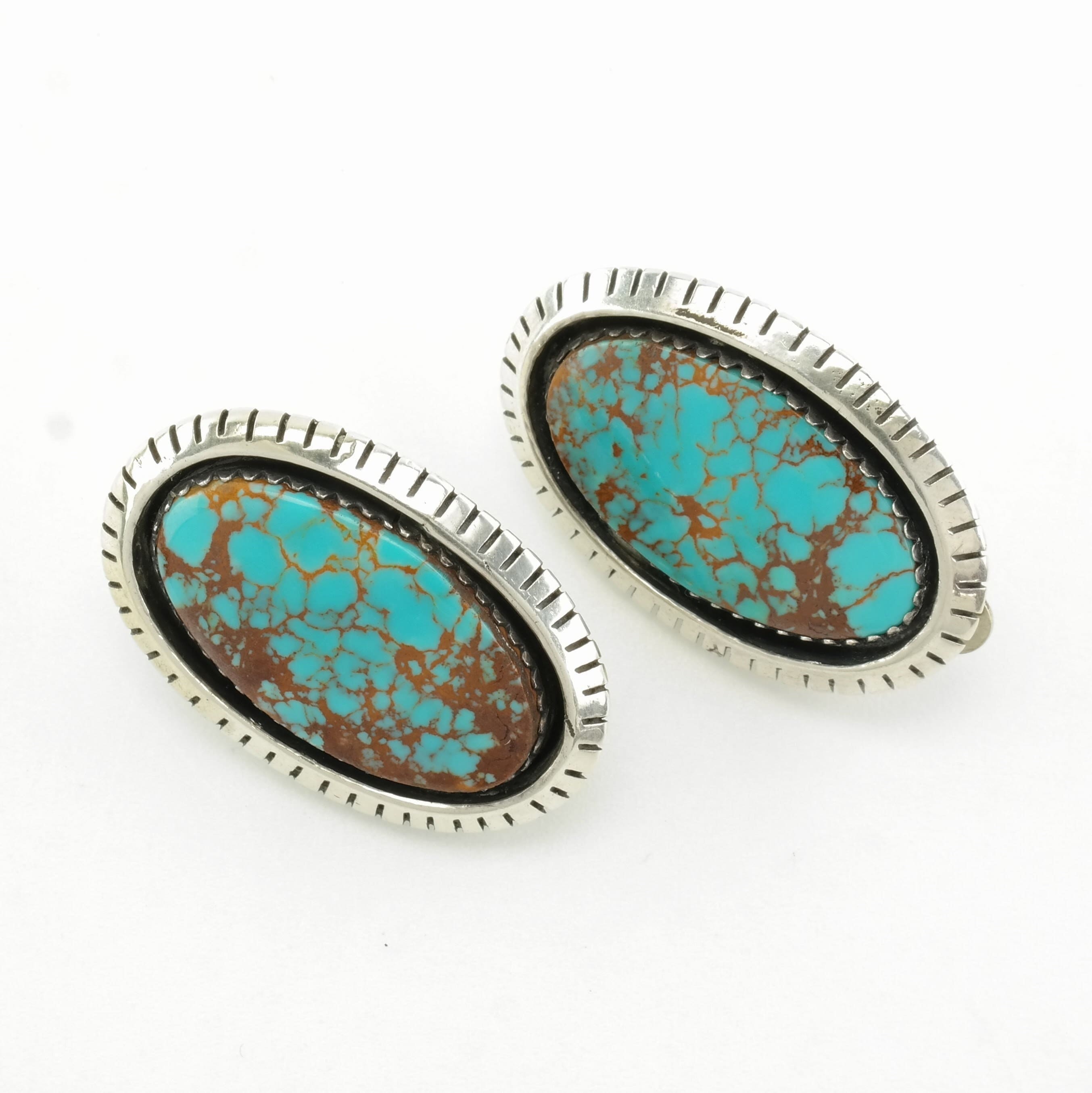 Native American Sterling Silver Spiderweb Turquoise Earrings Clip on
