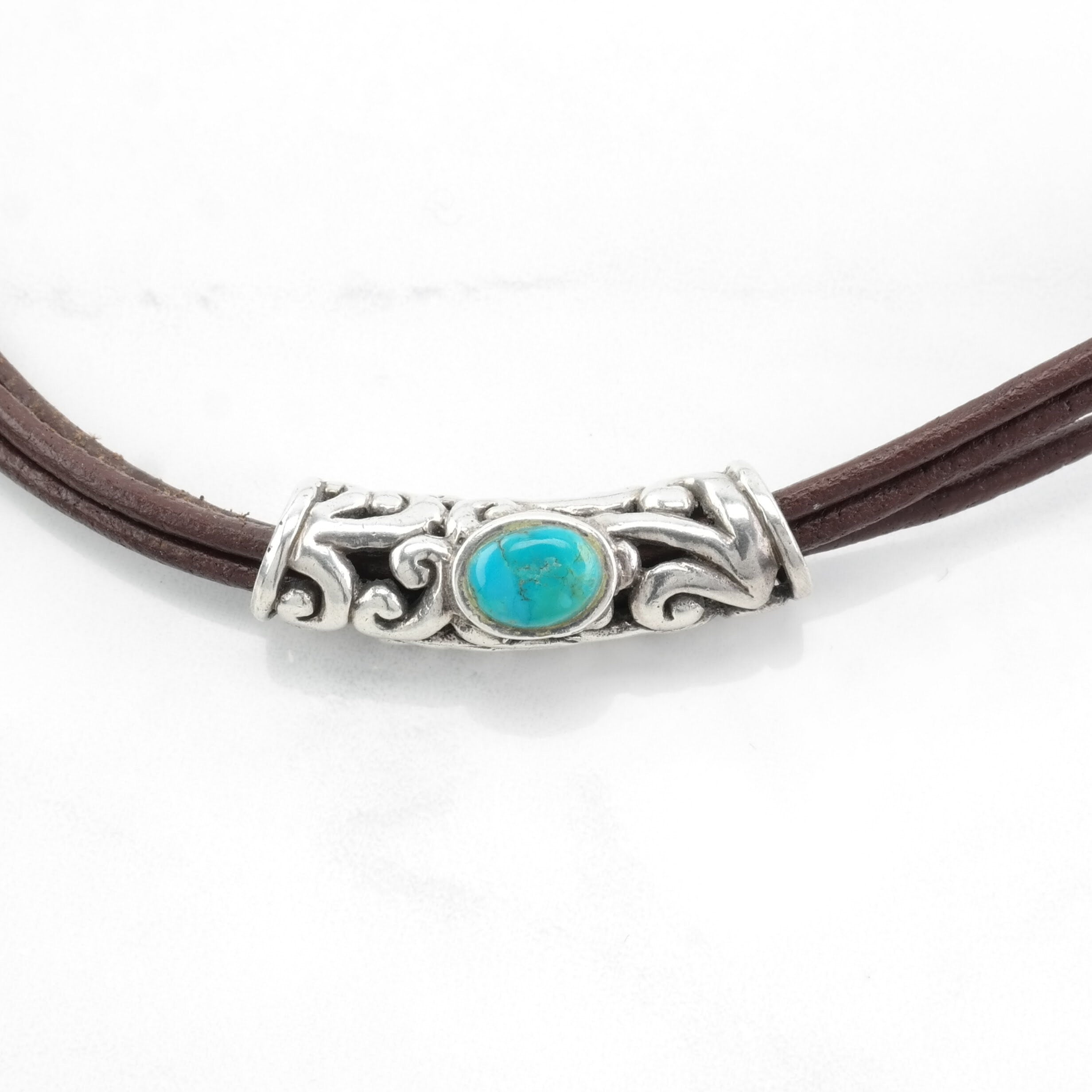 Vintage Sterling Silver Brown, Blue Turquoise 3 Strand Leather Necklace