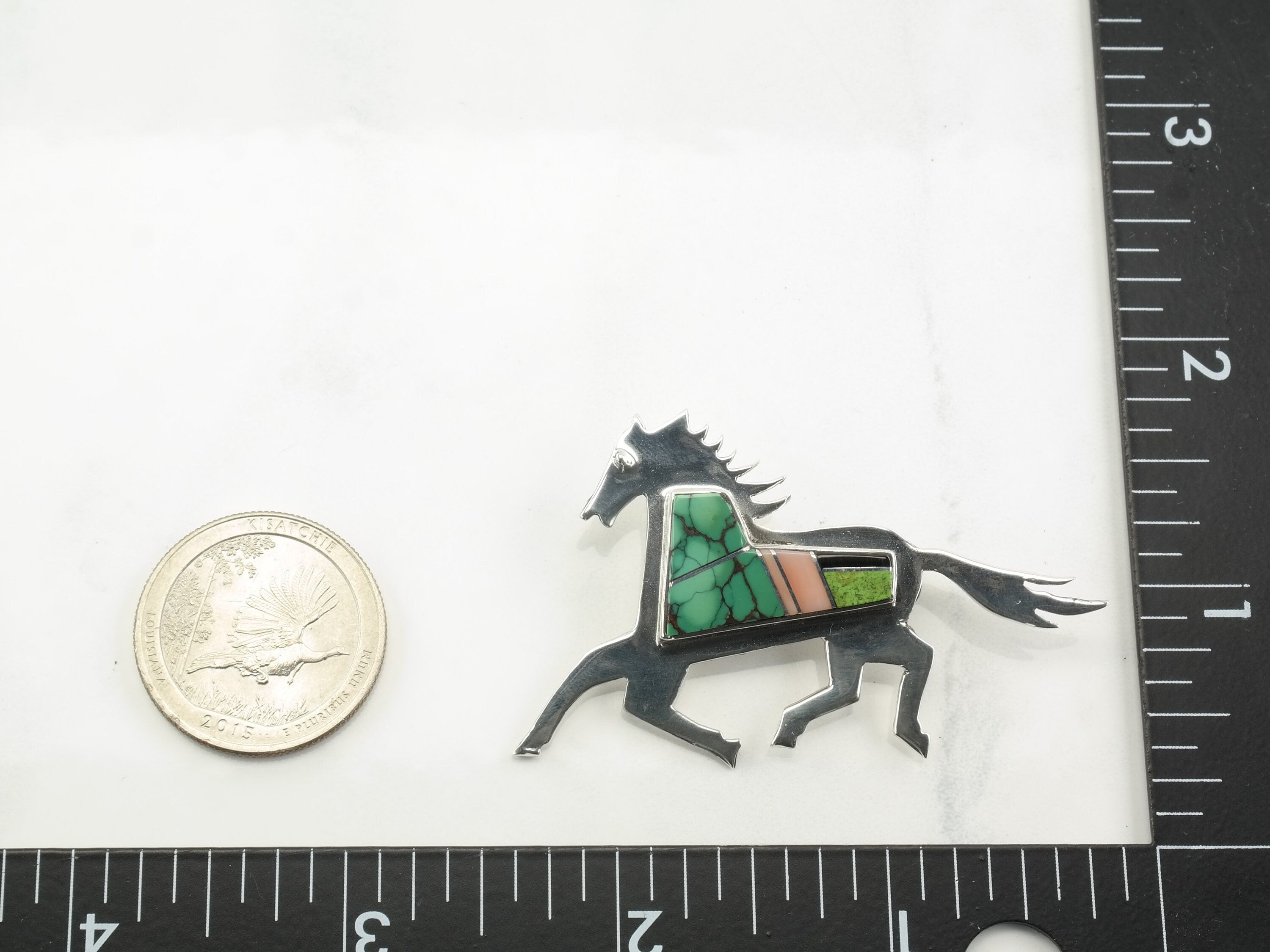 Southwest Sterling Silver Brooch Inlay Horse Turquoise MOP Onyx