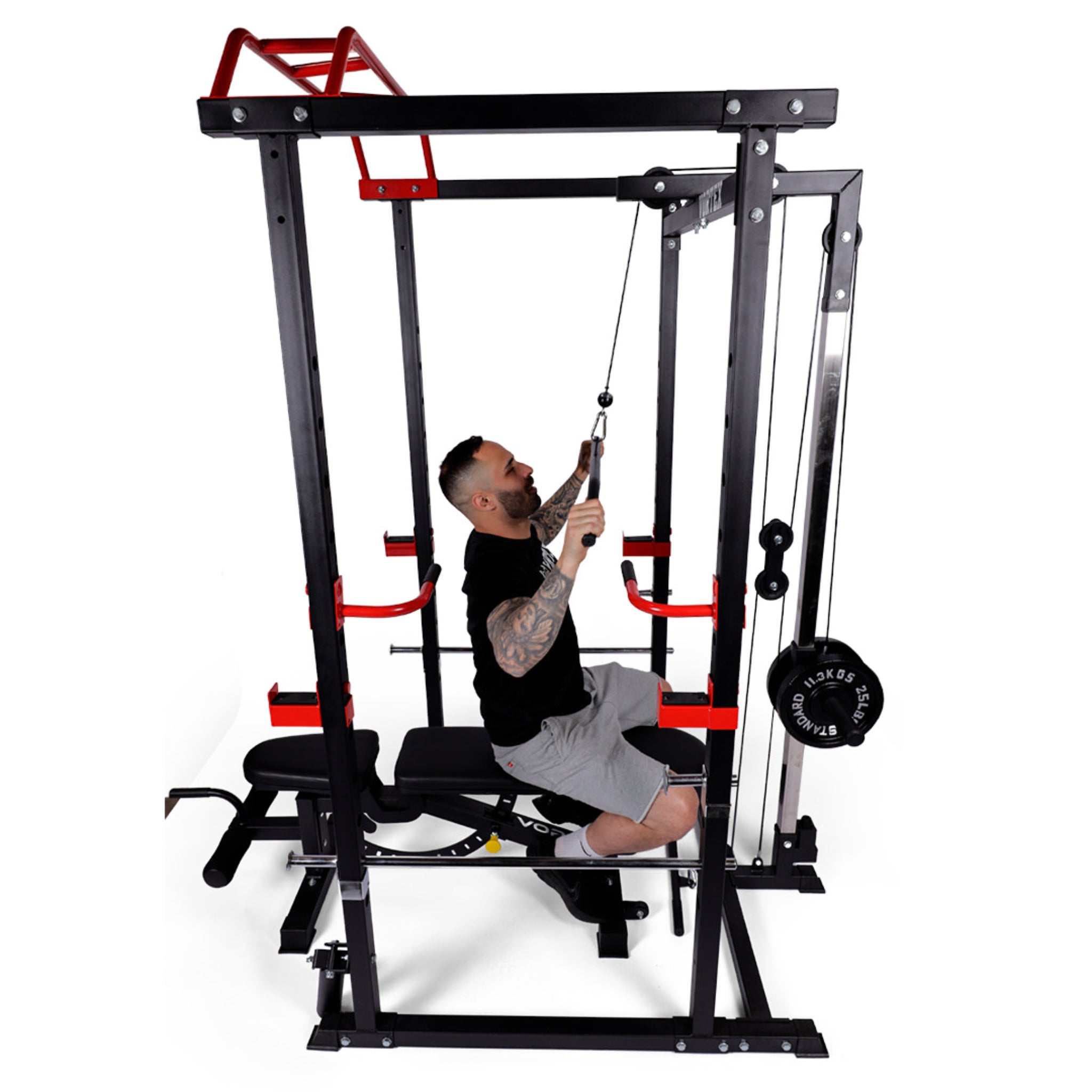 Vortex Strength Red and Black Cage + Olympic barbell + Olympic weight plate Set + Adjustable Bench