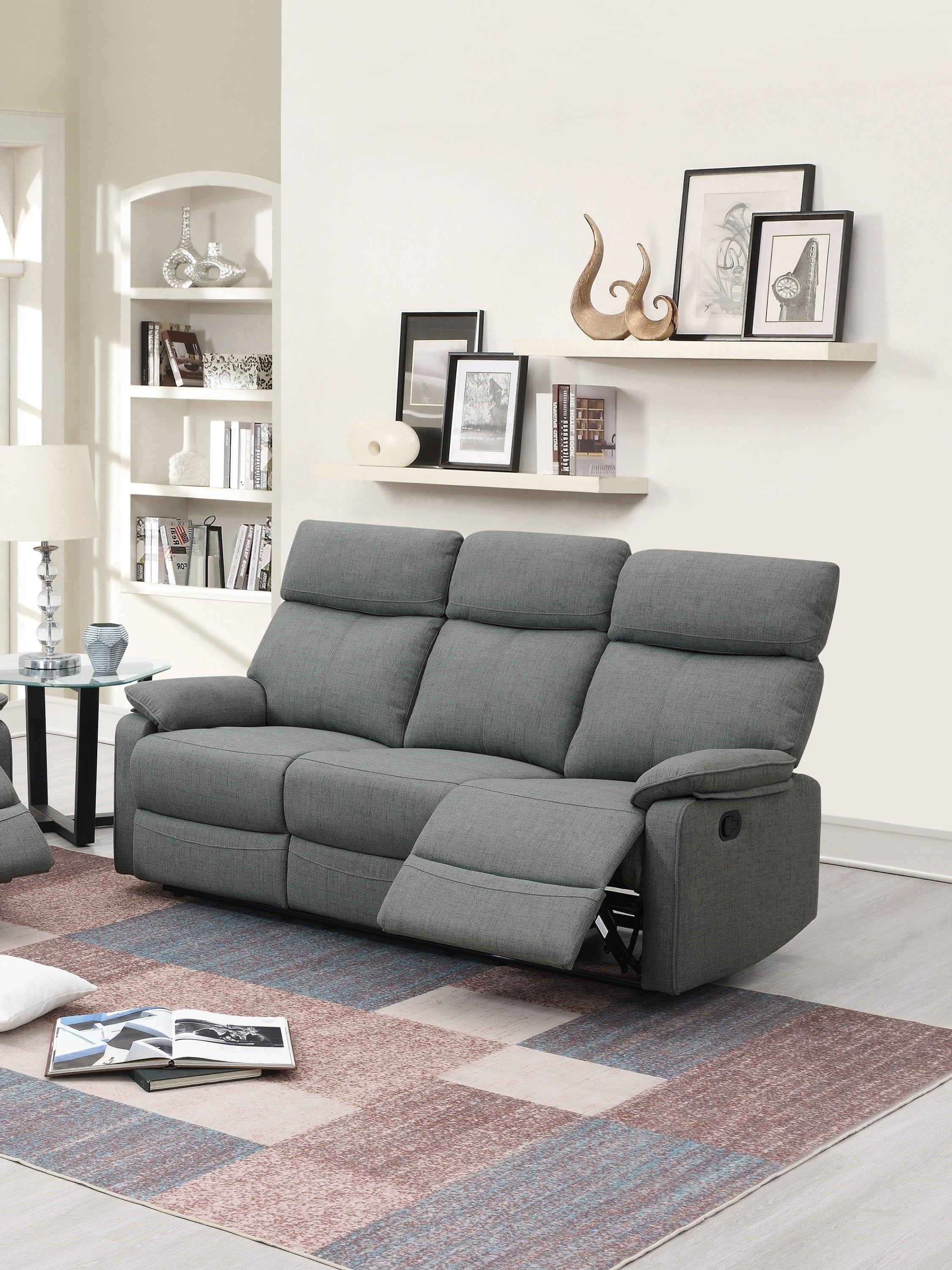 Auroglint Gray Color Burlap Fabric Recliner Motion Sofa 1pc Couch Manual Motion Sofa Living Room Furniture