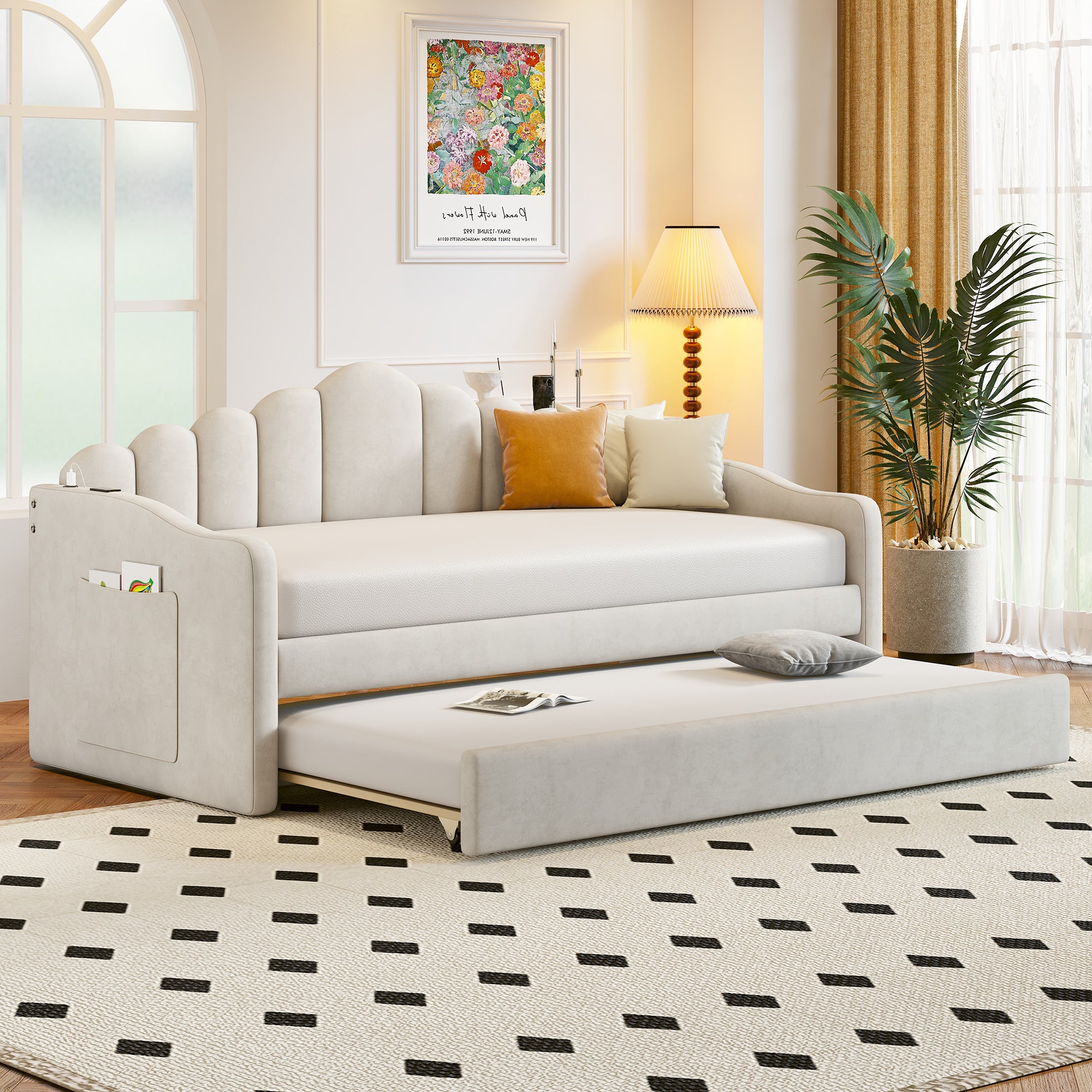Auroglint Twin size Upholstered Daybed with Trundle ,Velvet Sofabed with USB Charging Ports,No Box-spring Needed,Beige