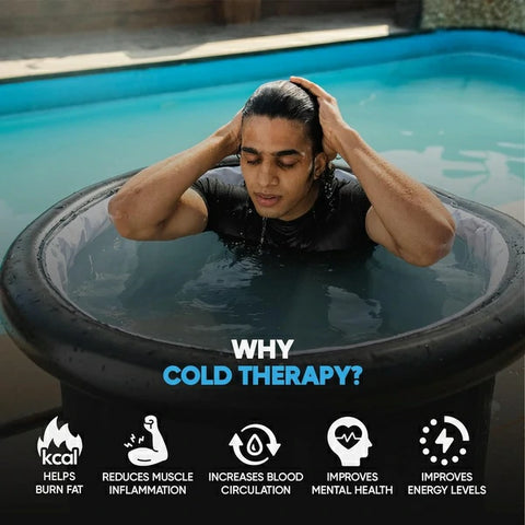 A man submerges himself in an ice bath, illustrating the benefits of cold therapy, such as fat burning, muscle inflammation reduction, improved circulation, mental health, and energy levels.