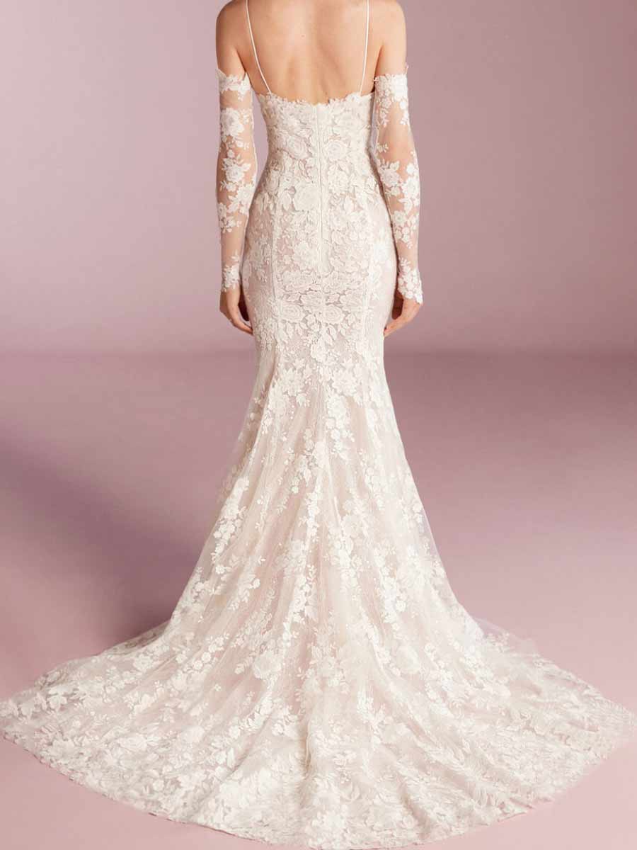 Detachable Long Sleeve Lace Mermaid Wedding Dress with Applique