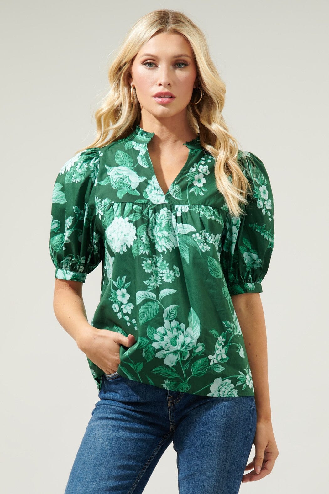 Pascal Floral Delano Ruffle Split Neck Blouse