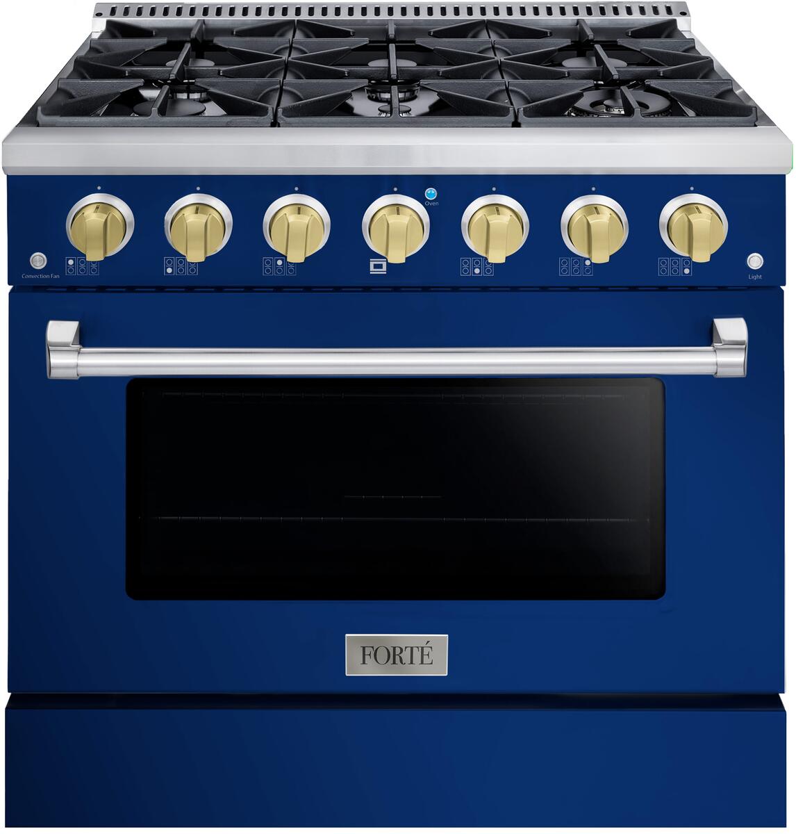 Forte 36 Inch All Gas Freestanding Range In Midnight Blue With Brass Knob Kit