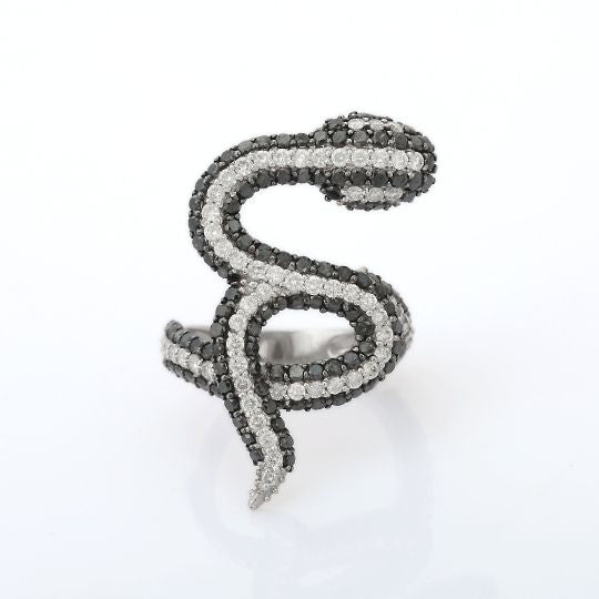 18K Gold Black & White Diamond Snake Ring