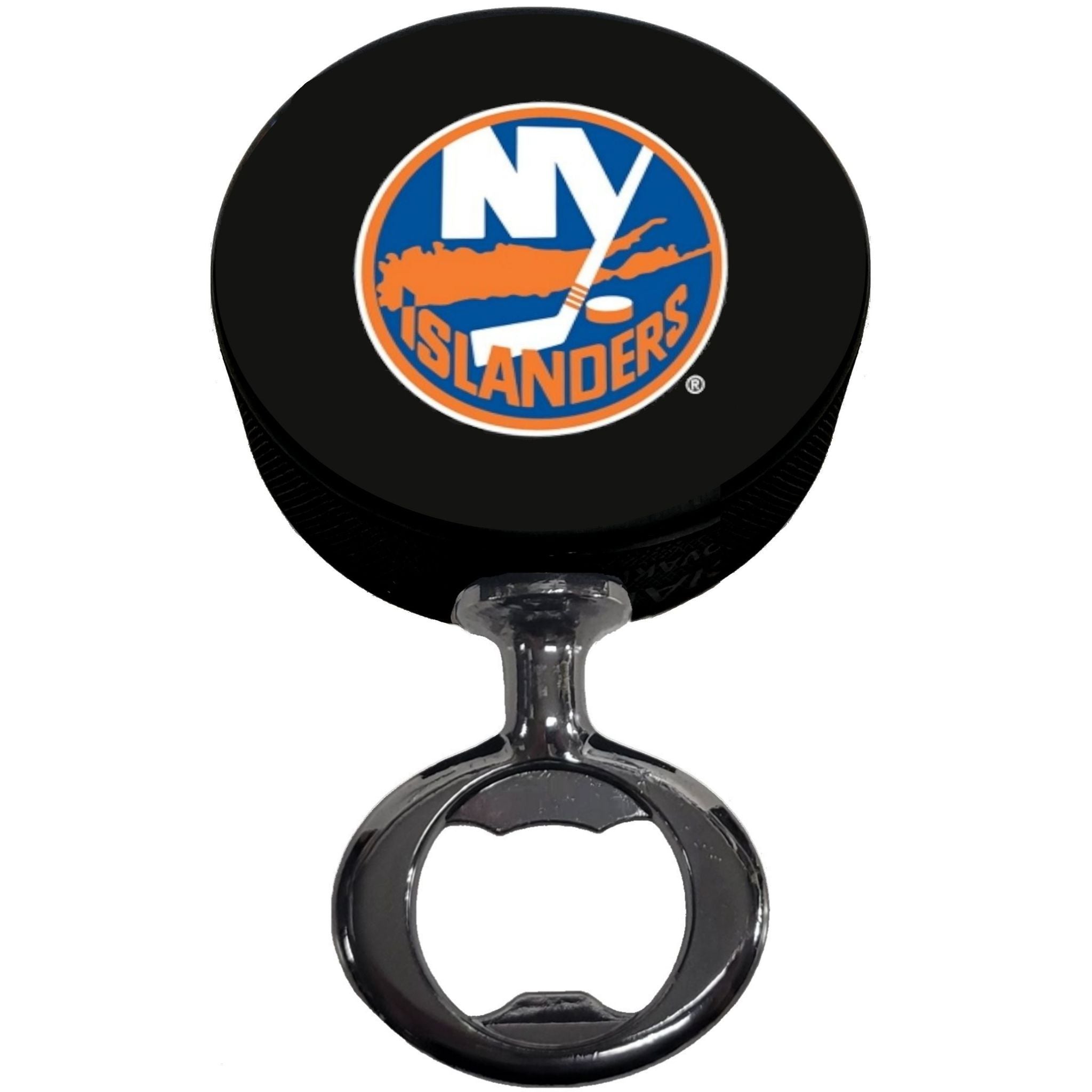 New York Islanders Black Nickel Colored FULCRUM Series Hockey Puck Bottle Opener