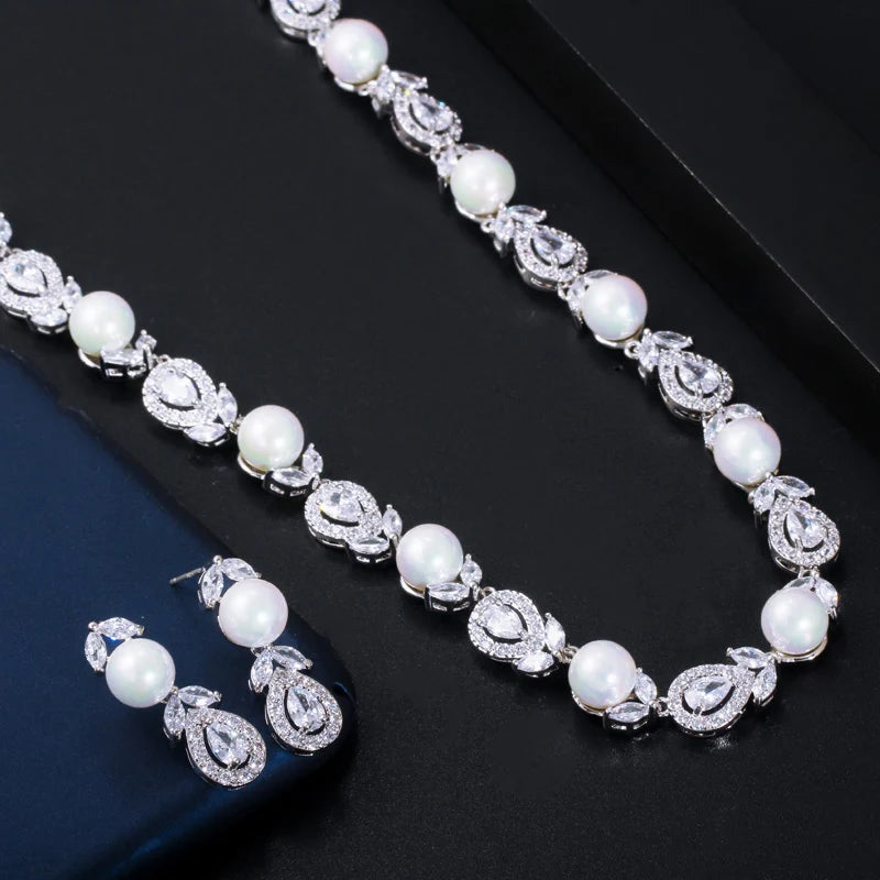 Luxury Big Round Leaf Cubic Zircon Necklace Bridal Pearl Jewelry Sets Women Wedding Party Costume Jewellery T363