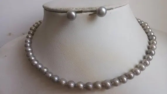 Unique Pearls jewellery Store 7-8mm Gray Freshwater Pearl Necklace Earrings Jewellery Set Charming Women Wedding Party Gift