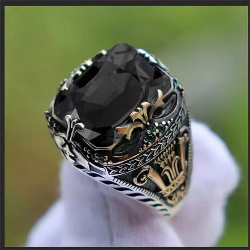 Retro Handmade Turkish Signet Rings for Men Ancient Silver Color Carved Ring Mystic Zircon Inlay New Punk Motor Biker Ring